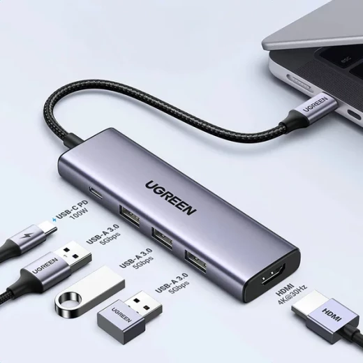 محول يو جرين CM511 5 في 1 USB-C، 3x USB-A 3.0، HDMI، USB-C PD، رمادي - يوجرين - Image 8